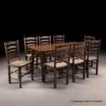 8 seater, cherry, farmhouse table 5ft long, 19th century with a set of 8 ash ladderback chairs