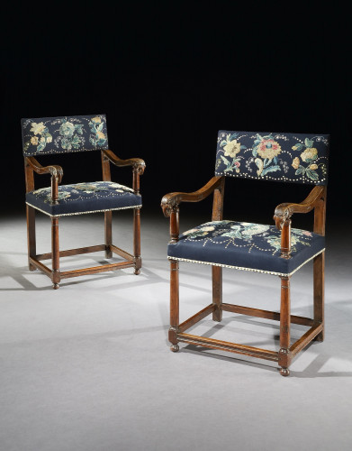 Pair of Walnut Armchairs, Late 16th Century, French Renaissance, with Ram Mask C