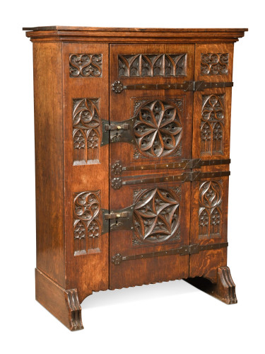 A German, Antiquarian, Late-19th Century, Medieval Style Carved, Oak Cupboard Carved With Gothic Tracery
