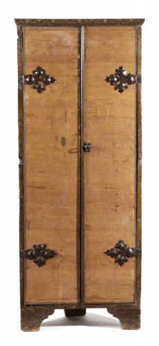Exceptionally Rare, Mid-17th Century, Spanish, Silk Damask Fronted, Chestnut Standing Corner Cupboard