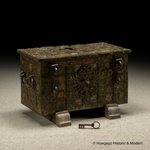 A Rare Ducal "Armada" Strongbox (Travelling Safe) wrought iron with original polychrome painted decoration, Nuremberg, late Renaissance, late 16th / early 17th century