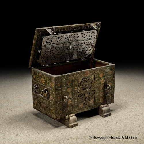 A Rare Ducal "Armada" Strongbox (Travelling Safe) wrought iron with original polychrome painted decoration, Nuremberg, late Renaissance, late 16th / early 17th century