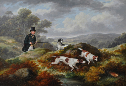 A sportsman with pointers and a spaniel