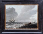 Fishermen in a rowing boat in the foreground drawing in their nets with a man o'war out to sea