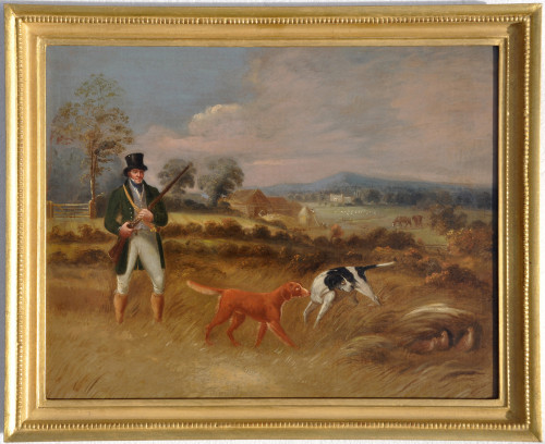Partridge shooting: A Sportsman with two gundogs at the point, an extensive landscape with figures building a hayrick in the middle distance, a country house beyond; 

Shooting partridge over dogs