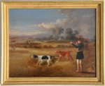 Partridge shooting: A Sportsman with two gundogs at the point, an extensive landscape with figures building a hayrick in the middle distance, a country house beyond; 

Shooting partridge over dogs
