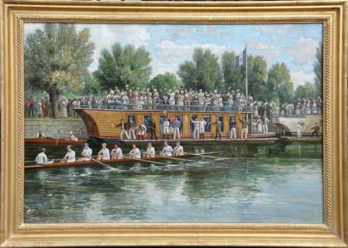 The Summer Eights, New College Boat Club, Oxford University with their barge bearing supporters and a view to Christ Church Meadows beyond