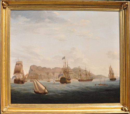 A Royal Navy first rate three-decker flying an Admiral of the Blue and a squadron off Gibraltar
