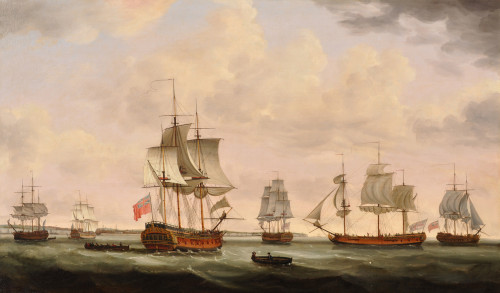 West Indiamen assembling off the Downs with the Earl of Effingham, the Beckford and the Land Overly in the foreground