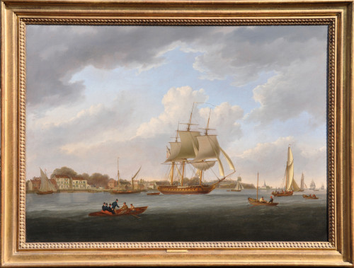 A view on the River Thames off Erith, with a Royal Navy frigate under sail