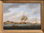 A view on the River Thames off Erith, with a Royal Navy frigate under sail