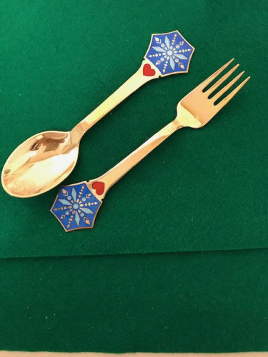 ANTON MICHELSEN SILVER & ENAMEL SPOON & FORK 1976 (SNOW CRYSTAL)