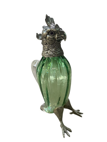 Victorian Style Silver Plated Standing Parrot / Cockatoo Claret Jug with Green Glass Body