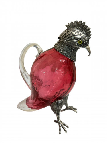 Silver Plated mounted on cranberry glass decanter, in the form of a Parrot / Cockatoo - Circa 1990 - Liqueur Jug