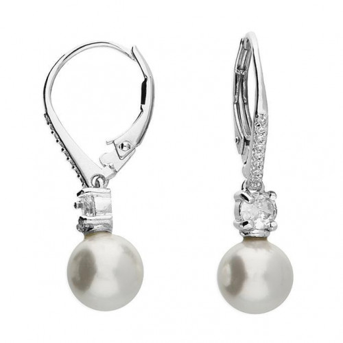 Sterling Silver Elegant Shell Pearl and CZ Earrings