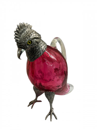 Silver Plated mounted on Cranberry glass decanter, in the form of a Parrot / Cockatoo - Circa 1990