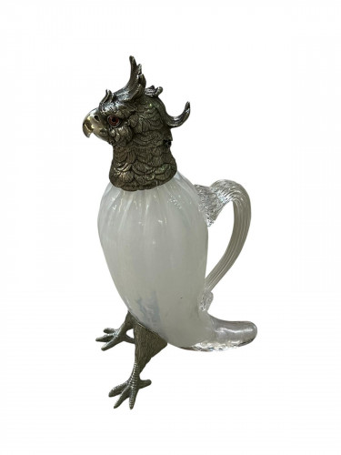 Victorian Style Silver Plated Standing Parrot / Cockatoo Claret Jug with White Glass Body