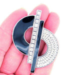 Sterling Silver Elegant Pin Brooch Art Deco Style With Black Enamel And Crystals
