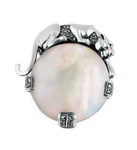 Sterling Silver Panther Brooch in an Art Deco Style With Mother Of Pearl Marcasite And Emerald Eyes