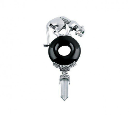 Sterling Silver Panther Brooch Art Deco Style With Onyx Emerald Eyes Marcasite Pearl And Crystal Drop