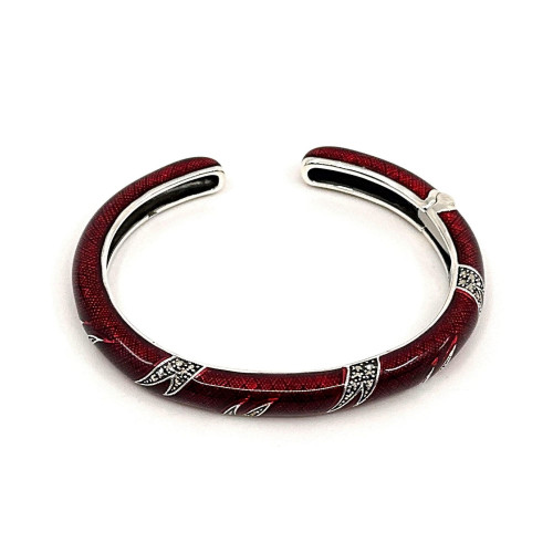 Sterling Silver Bangle With Red Enamel And Marcasite Hinged Design