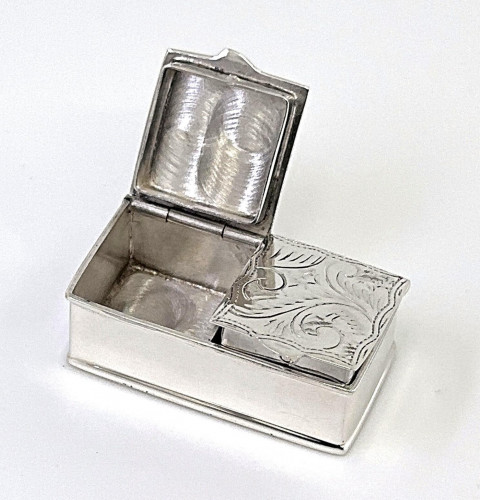 Solid Silver Rectangular Double Compartment Engraved Top Pill Box