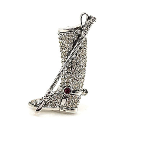 Sterling Silver Riding Boot And Crop Brooch With Amethyst And Crystals