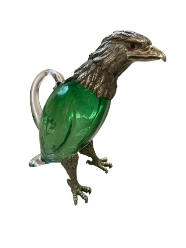 Victorian style silver plated claret jug in the form of a standing eagle (Green Glass)