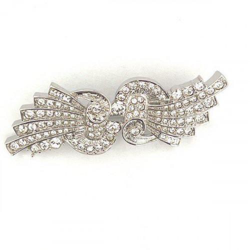 Sterling Silver Swirl Bow Pin Brooch With Sparkling Czech Crystals (Rhodium Plated)