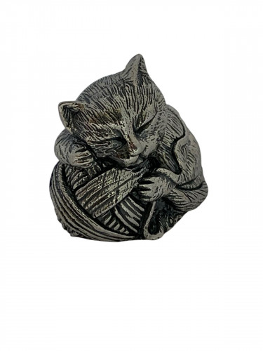 Solid Silver Sleeping Cat on Wool Pin Cushion