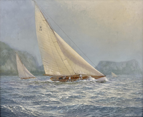 West Solent One Design Natica emerges from the mist off the Needles, circa 1928.