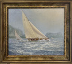 West Solent One Design Natica emerges from the mist off the Needles, circa 1928.