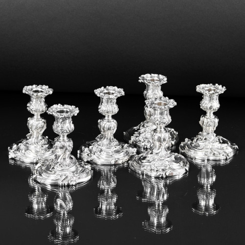 Set of six antique French rococo dwarf silver candlesticks