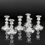 Set of six antique French rococo dwarf silver candlesticks