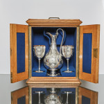 Excellent silver wine jug & matching goblets in oak chest