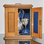 Excellent silver wine jug & matching goblets in oak chest