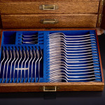 Set of Victorian hand-forged Old English silver cutlery for 12 in a canteen