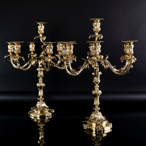 Pair of large 7-light Portuguese silver-gilt candelabra