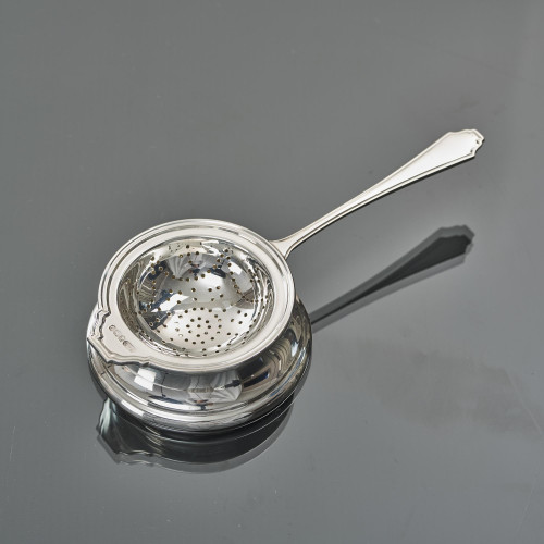 Art Deco silver tea strainer & drip bowl