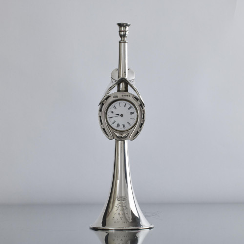 Victorian silver hunting horn clock