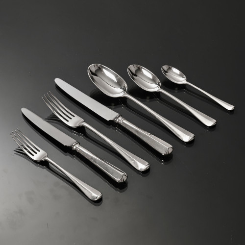 Set of antique Edwardian hand-forged 4-prong Rattail pattern silver cutlery for 24