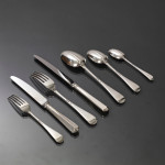 Set of antique Edwardian hand-forged 4-prong Rattail pattern silver cutlery for 24