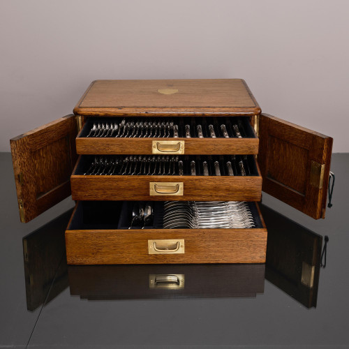 Set of early Victorian hand-forged King's Husk sterling silver cutlery for 12 in canteen