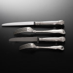 Set of early Victorian hand-forged King's Husk sterling silver cutlery for 12 in canteen