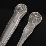 Set of early Victorian hand-forged King's Husk sterling silver cutlery for 12 in canteen