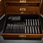 Set of early Victorian hand-forged King's Husk sterling silver cutlery for 12 in canteen