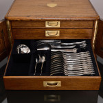 Set of early Victorian hand-forged King's Husk sterling silver cutlery for 12 in canteen