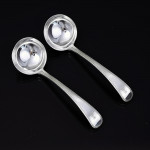 Set of hand-forged one-date-and-maker antique Featheredge pattern stering silver cutlery for 12