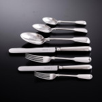 Set of Victorian hand-forged Fiddle & Thread pattern sterling silver cutlery for 12