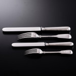 Set of Victorian hand-forged Fiddle & Thread pattern sterling silver cutlery for 12